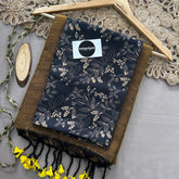 Golden Handloom Khadi Cotton Saree With Black Print Blouse